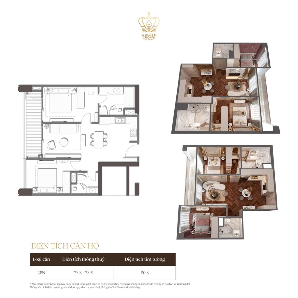 Layout Thiết Kế Căn 2 PN Chung Cư Golden Crown Hải Phòng